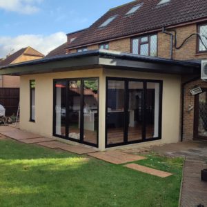 Cream extension with cornice roof